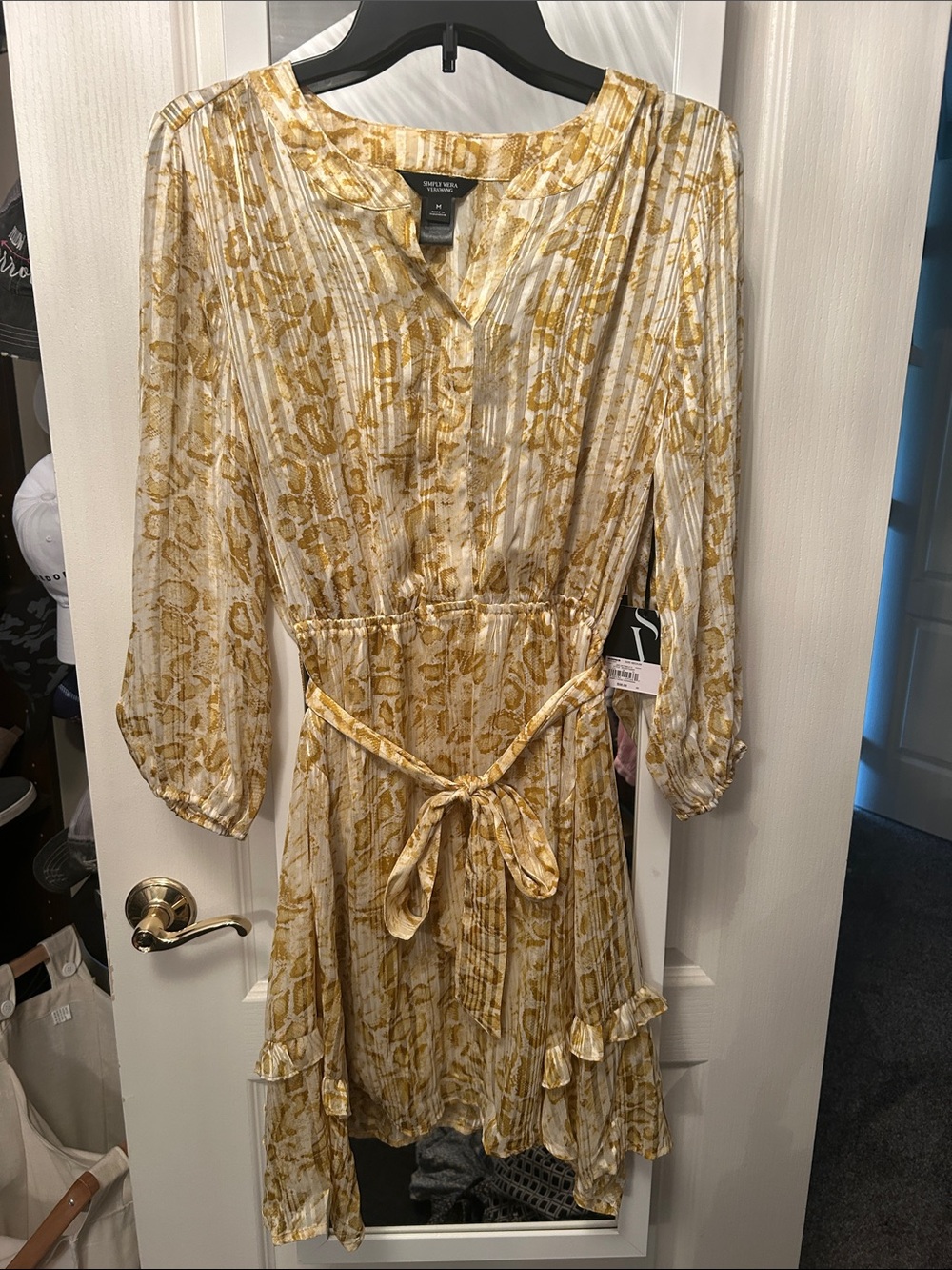 Simply Vera - Vera Wang Gold Floral Tie-Waist Long Sleeve Dress